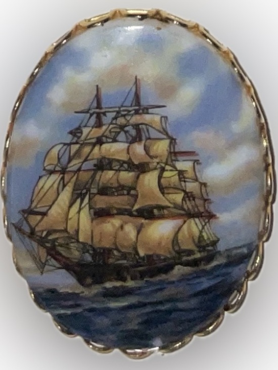 Estate Jewelry - Vintage Hand-Painted Nautical Sailing boat Ship Oval Enamel Cabochon Brooch Pin